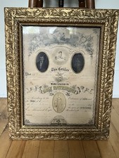 Authentic 1875 Antique Marriage Photo Certificate Gold Wooden Frame & Glass picture