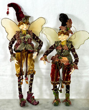 2 Vintage Mark Roberts Style Poseable Fairy Elf Doll Shelf Sitter Velvet Wings picture