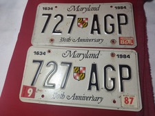Maryland Pair 727-AGP License Plate Tag Last Titled in 1987 350th Anniversary picture