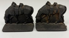 Vtg. Cast Iron Rustic Heavy Grazing Cowboy Western Horse Bookends picture