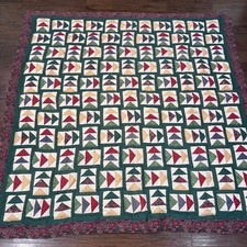 Vtg Flying Geese Patchwork Quilt Handmade Green Paisley Floral 82x84 Farmhouse picture