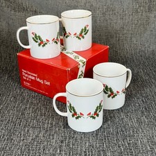 Vintage Christmas Holly Fine Porcelain Mug Made In Japan, set of 4, new in box picture