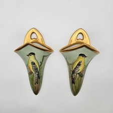 RARE Antique Eamag Bavaria Hand Painted Goldfinch Bird Pair Wall Pockets picture