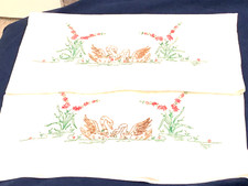 Vintage JC Penney Muslin Cotton Pillowcases Hand-Embroidered SWANS 31.5”x21.5” picture