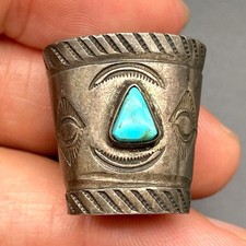 Vintage Navajo Turquoise Native Hand Stampwork Silver Scarf Ring picture