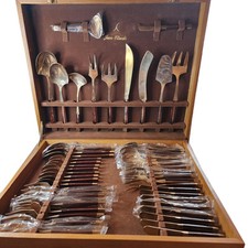 99 Pc JEAN-CLAUDE Flatware Cutlery MCM Rosewood Handles Case UNUSED CONDITION picture