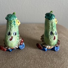 Vtg Anthropomorphic Cucumber Boys Vegetable People Salt & Pepper Shaker Set picture