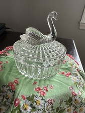 Jeanette Glass Swan Powder Jar Trinket Box Clear Pressed Glass Dish Vintage picture