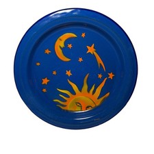 Vintage Kockums Sweden Enamelware Plate Celestial Sun Moon Stars 8.75” Blue picture