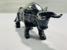 Hand Carved Marble Charging Bull Grey & Black Figurine 8” Long picture