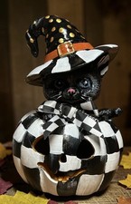HAND PAINTED MACKENZIE CHILDS INSPIRED COURTLY CHECK HALLOWEEN CAT SOLAR LIGHT picture