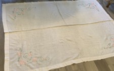 Vintage Rectangle Tablecloth, Linen, Flower & Leaf Embroidery Design, White Pink picture