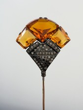 Victorian Sterling Silver Fan-Shaped Hat Pin - Antique Hat Pin W/ Amber Gems 7