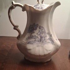 Southern Supreme Porcelain Pitcher with Lid Blue Gold Pastoral Scene Glazed.  picture