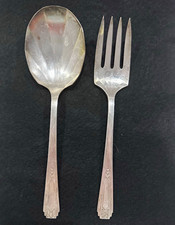 Vintage 1932 Oneida Tudor Plate FRIENDSHIP MEDALITY Serving Spoon&Fork Set Deco picture