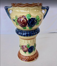 Antique 1920s Urn Vase Handle Floral Embossed Drip Glaze Czechoslovakian Style picture