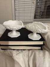 Set Of 2 Kemple Hobstar Vintage Milk Glass Footed Compote picture