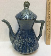 Teapot Ceramic Pottery Raised Flower Floral Blue Glaze w/ Lid 10.5