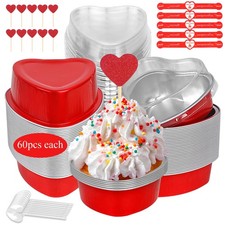 YQER 60 Pack Valentine's Heart Shaped Cake Pans – 3.4oz Mini Aluminum Foil he... picture