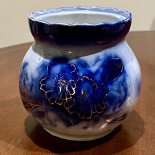 Antique Flow Blue English Transferware Jardiniere Planter Gold Accents Petunia picture