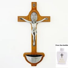 Catholic Holy Water Cross Christ Crucifix Wood Alloy Wall Decor Religious Gift picture