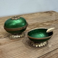 Vintage Evans Green Guilloche Enamel Egg Shaped Table Lighter & Ashtray Set MCM picture