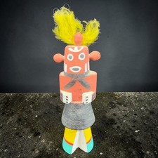 Vintage Hand Painted Wooden Mudhead Kachina Doll Yellow Feathers Folk Art Signed picture