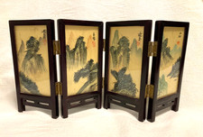 VTG ASIAN TABLE TOP SCREEN 4 PANEL 2 SIDED UNDER GLASS LANDSCAPE FLOWERS BIRDS picture
