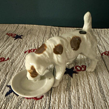 Ceramic Glazed Spotted Dog Figurine w/ Dish Base, White Brown Black picture
