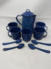 Vintage Cinsa Blue Speckled Enamelware 10-Piece Coffee Set Pot Mugs Spoons Mexic picture