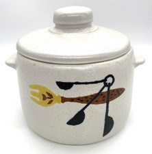 Vintage MCM West Bend Bean Pot & lid  2 Qt Crockery Fork & Spoons Design 2 Bowls picture