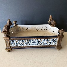 CASTILIAN Footed Centerpiece Planter Candleholder Porcelain Crackle Bronze Birds picture