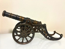 Metal Miniature Cannon on Wheeled Carriage, Brown Vintage-Style Decor picture