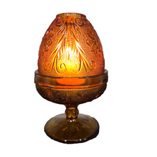 VTG MCM Tiara Indiana Glass Amber Sandwich Pattern Pedestal Fairy Lamp and Bell picture