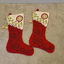 Pier 1  Set Of 2 Vintage-Style Christmas Stockings with Intricate Felt Appliqué picture