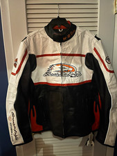 Harley-Davidson Racing Screamin' Eagle Leather Jacket Black White Orange picture