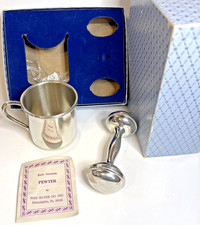 Vintage Pewter Baby Cup & Rattle Set Web Silver Co In Orig Box picture