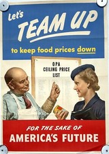 1944 WWII UNITED STATES Propaganda Poster LET'S TEAM UP FOR FOOD PRICES picture