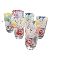 6 x VTG 1950s Libbey Rose Drinking Glasses MCM Yellow Red Orange Green MINT COND picture