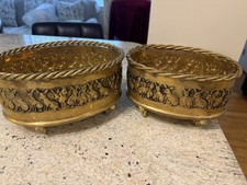 2 Vtg Solid Brass Planters w/ Rabbit Designs-Hammered Bottom-9”x7”& 8”x6” x 5”H picture