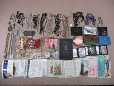 Vtg Catholic Religious Lot Rosaries Prayer Holy Cards Scapular Pendants Sterling picture