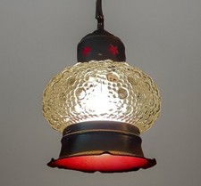 Vtg Antique Copper Stars Hanging Pendant Light Fixture w/ Hobnail Bubble Glass picture