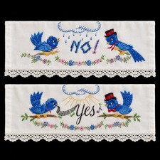 VTG Printed Pillowcase Pair Bluebird YES NO 21x28 Queen Cotton To Be Embroidered picture