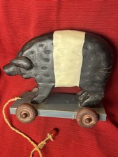 Country Pull Toy Pig Hog Folk Art Wooden Primitive Rustic Black Tan picture