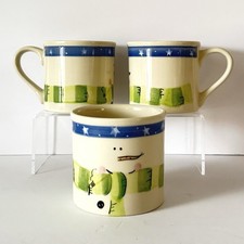 Hartstone Minimalist Line-Art Snowman Face Mug Cream Blue Stars Green Scarf HTF picture