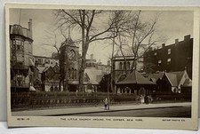 1915c RPPC little church, New York City Rotary photo postcard little boy tree picture