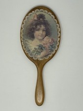 Vintage Hand Mirror Young Girl with Flowers Solid Wood Lace Victorian Revival picture