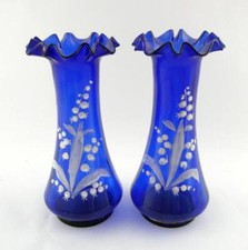 Pair of Mary Gregory Styled Hand Painted White on Blue Lily of the Valley Vases picture