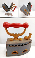 Antq CAST IRON Red Wood Handle Rooster Latch COAL SAD IRON Press Insert Madeira picture