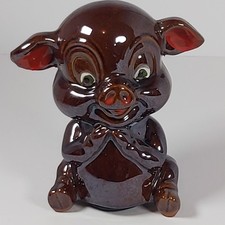Vintage Ceramic Brown Pig Piggy Coin Bank 5 inch Kitschy Anthropomorphic Japan picture